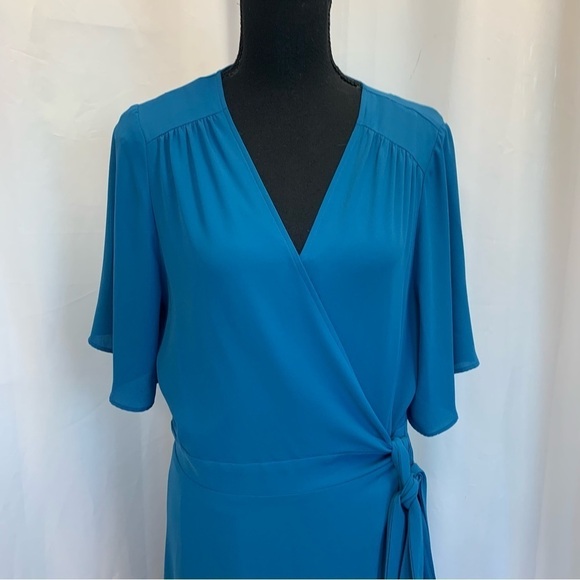 Whbm blue short sleeve wrap midi dress Sz L - Picture 3 of 13